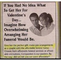 newspaper ad for valentines about pre arranged funerals