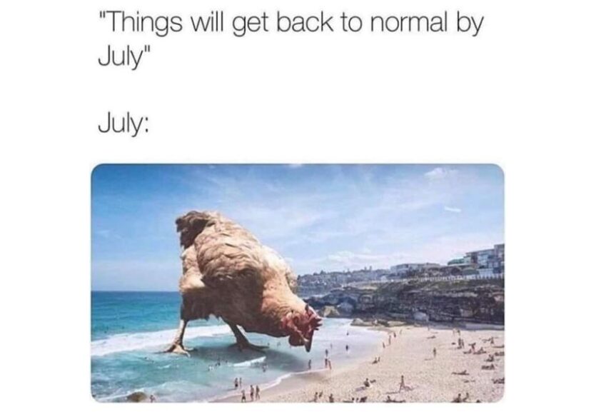 Funny meme the 2020s giant chicken on the beach eating people