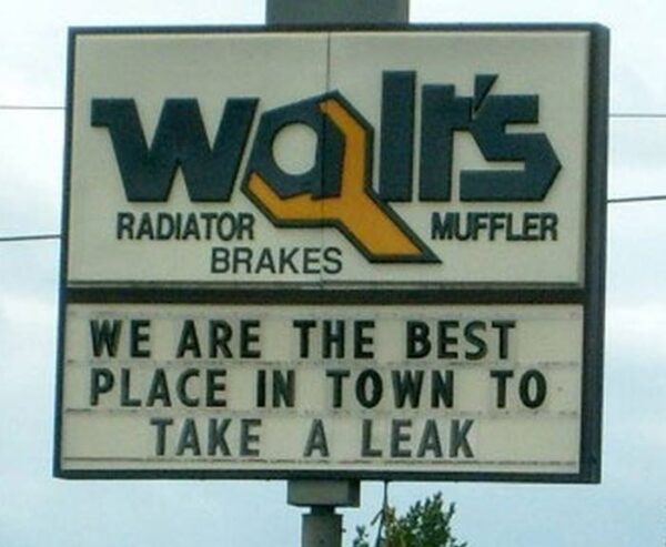 Funny radiator shop sign image, best place to take a leak