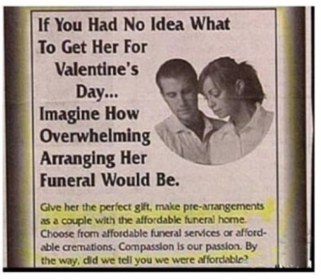 newspaper ad for valentines about pre arranged funerals