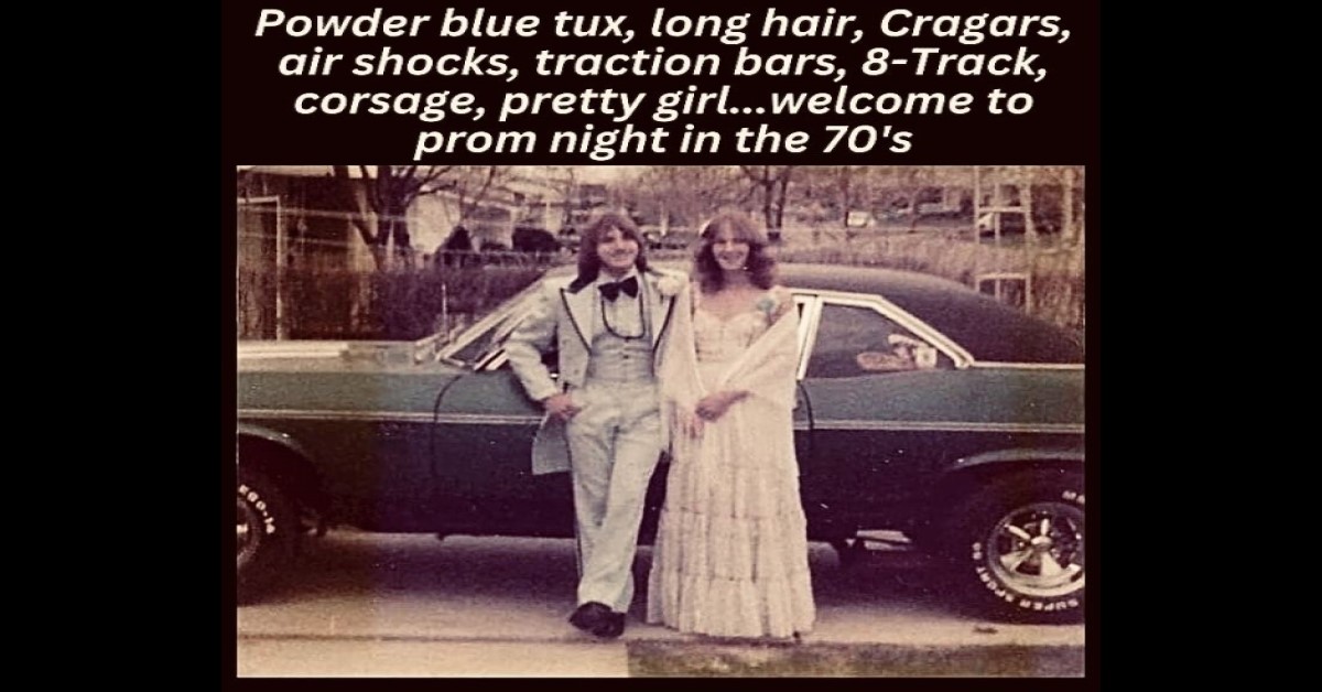 1970's prom photo with blue tux muscle car and long hair