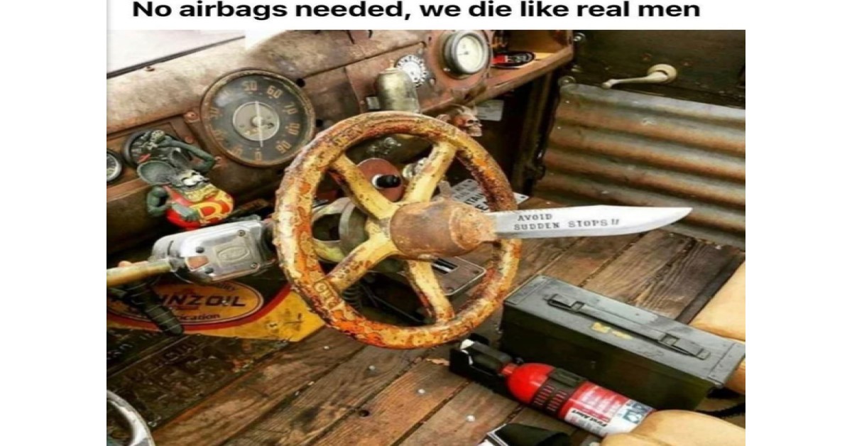 no airbags needed image of a steering wheel with a bowie knife on it aimed towards the driver