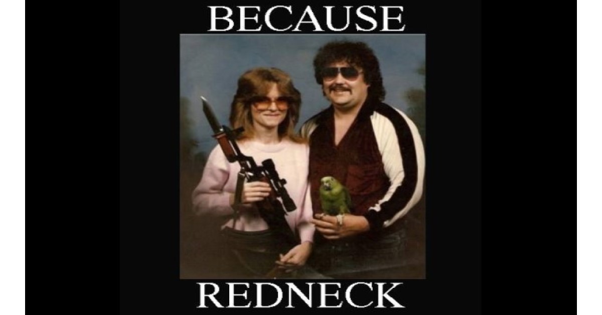 Because redneck portrait image she has a military rifle he has a parrot