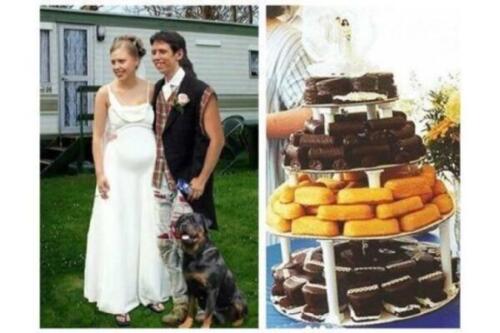 Redneck Wedding image with Hostess cakes and pregnant bride